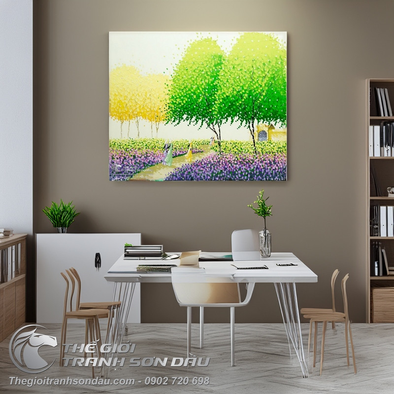 Tranh vẽ vườn hoa có cây lá xanh vàng ấn tượng