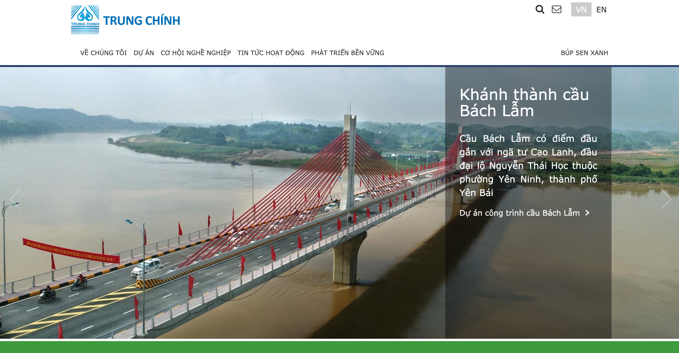 Giao diện trang web chính thức của CÔNG TY TNHH THƯƠNG MẠI VÀ XÂY DỰNG TRUNG CHÍNH, thể hiện hoạt động thương mại và xây dựng