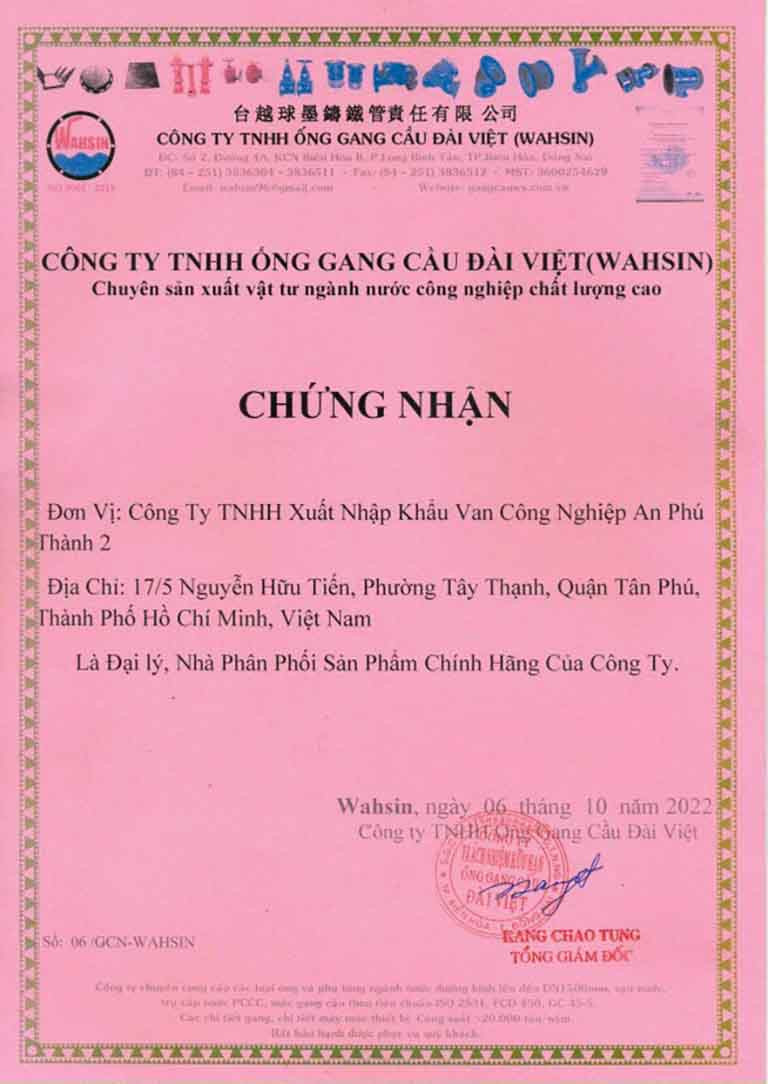 Chứng nhận ủy quyền phân phối chính hãng sản phẩm CÔNG TY TNHH ỐNG GANG CẦU ĐÀI VIỆT cho đối tác chiến lược An Phú Thành