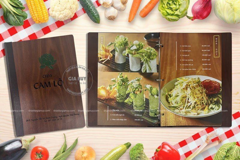 Thực đơn nhà hàng chay 3 miền bìa gỗ