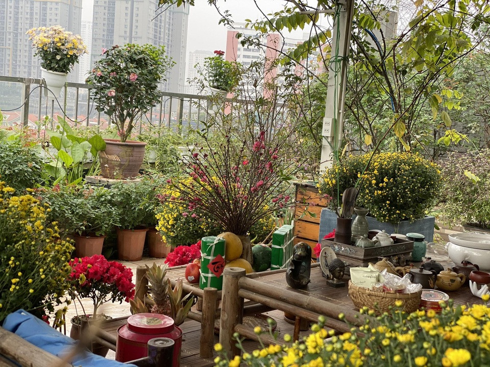 Vườn hoa đẹp trên sân thượng: Các loài hoa như hồng, cúc, nhài, mẫu đơn luôn nở rộ, tươi tốt quanh năm